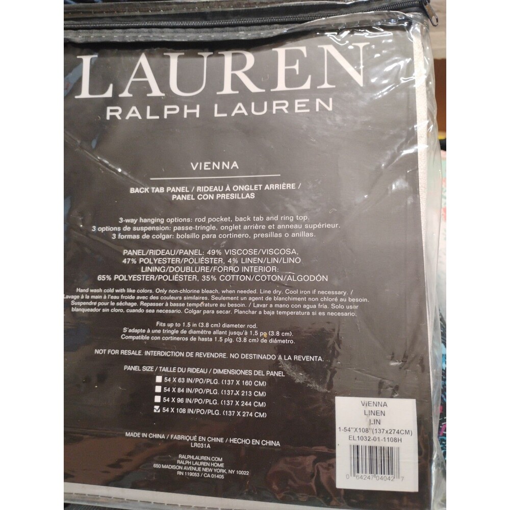 Ralph Lauren 54" x 108" Vienna Linen Panel Back Tab Panel Ivory EL1032-01-1108H
